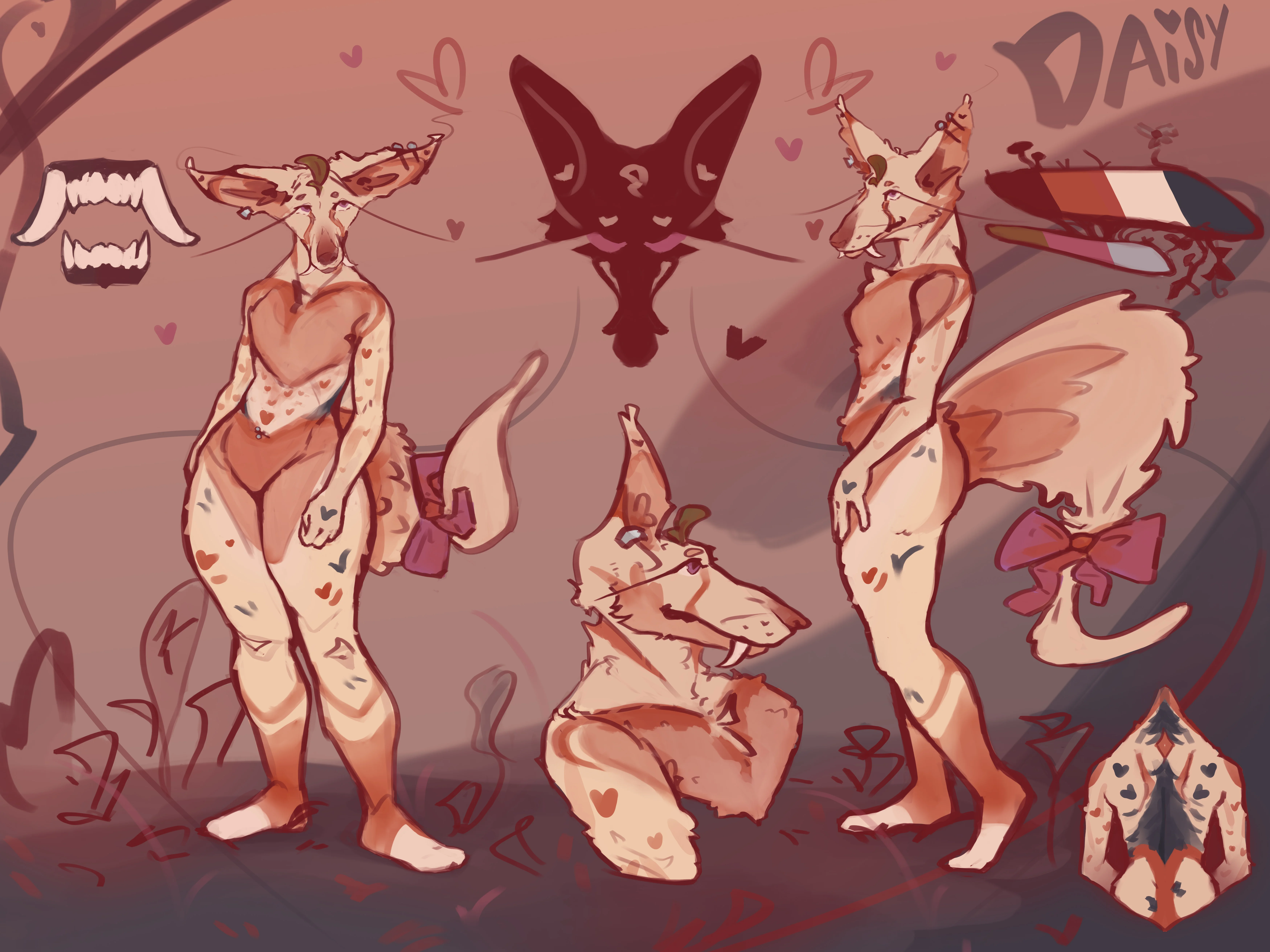 A digital drawing of a funky, human-like kangaroo named Daisy. She's got a slim bod, light brown fur with funky patterns, and sports big ol' ears. She's rocking a pink bow on her tail and a purple bow on her chest. The backdrop is a soft pink with heart doodles and a silhouette of a fox.